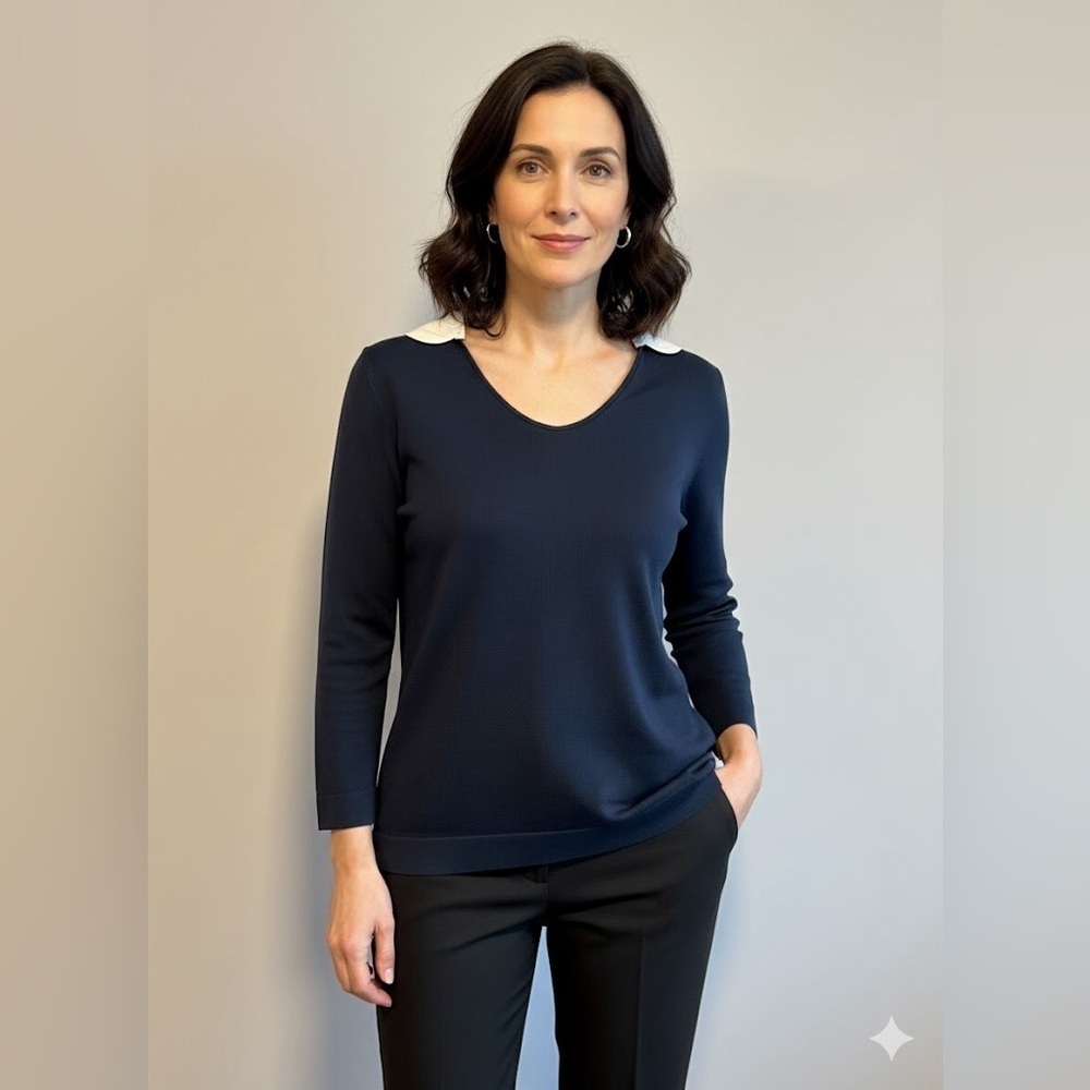 Akris Punto Navy Long Sleeve Top Removable Collar | Size 16